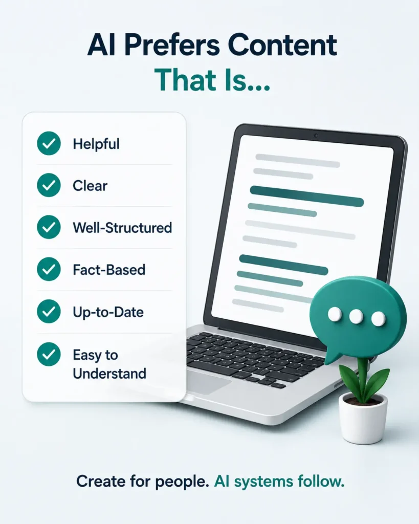 AI content quality infographic showing helpful clear structured and trustworthy website content