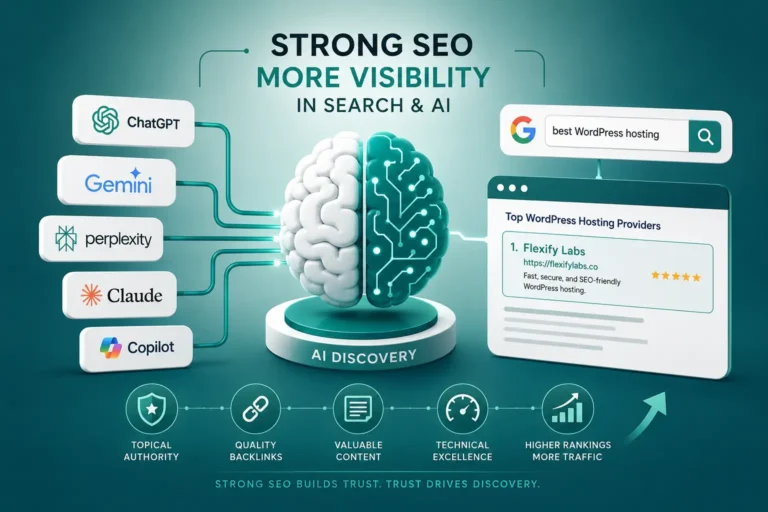 AI visibility and SEO infographic showing how strong SEO improves discoverability in search engines and AI platforms