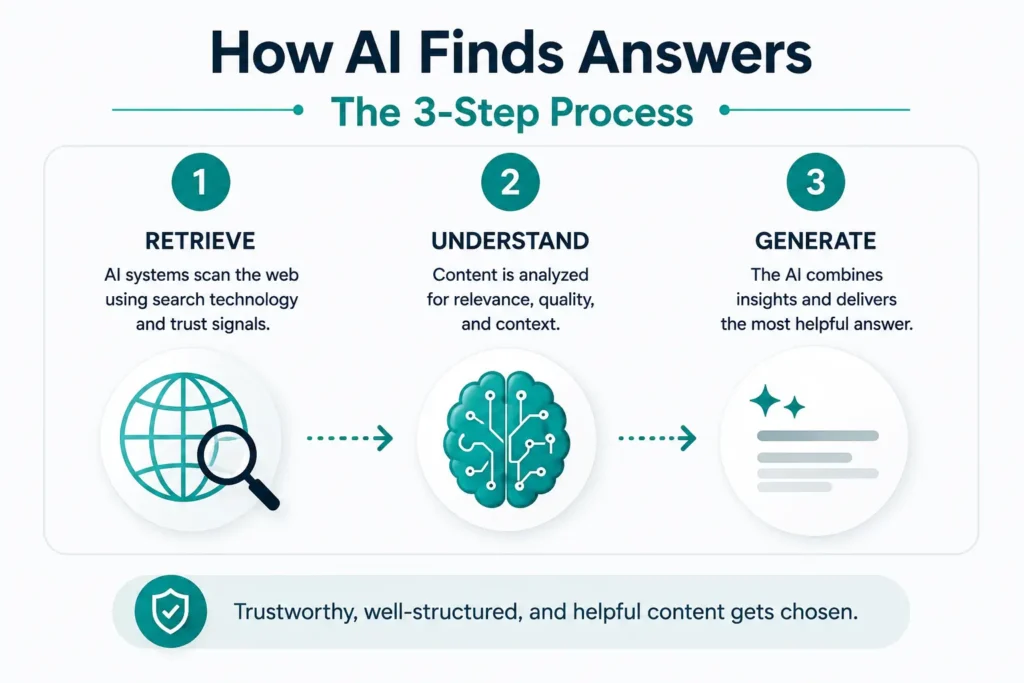 Infographic showing how AI systems retrieve analyze and generate responses from online content