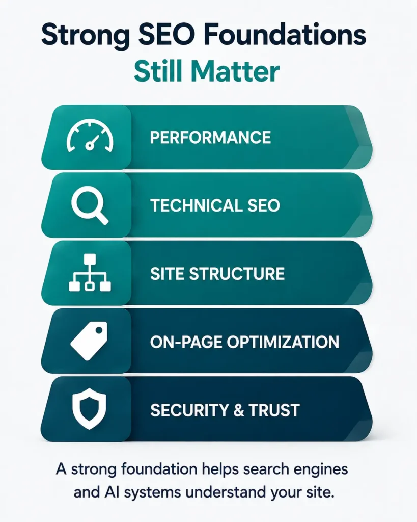 Technical SEO infographic showing website structure performance security and crawlability