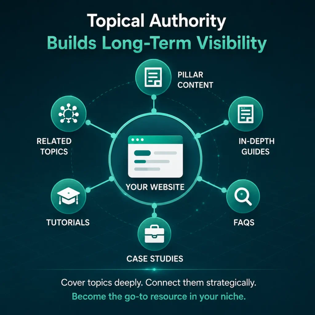 Topical authority infographic showing pillar content related topics FAQs tutorials and case studies