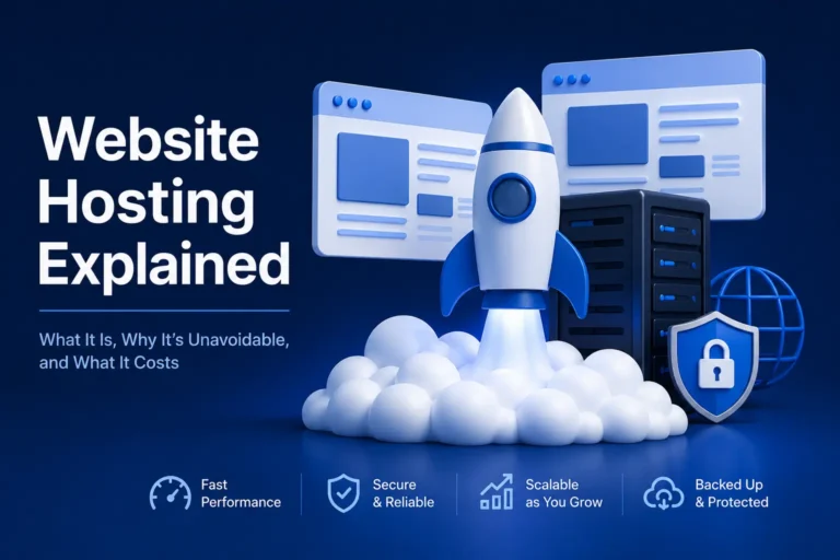 3D illustration of website hosting infrastructure with servers, cloud hosting, and website elements