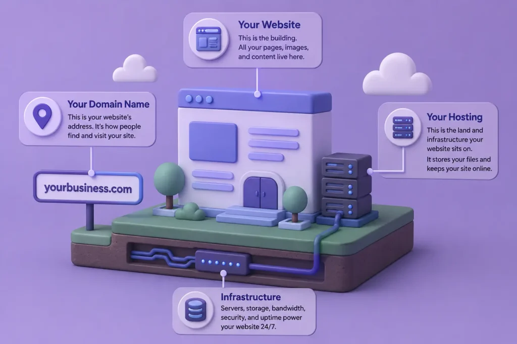 3D infographic explaining the relationship between a domain name, website, hosting, and infrastructure