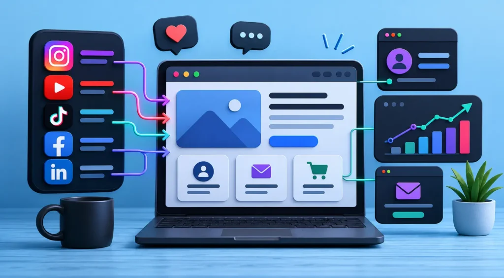 Website vs social media illustration showing social media platforms driving traffic to a business website for long-term growth