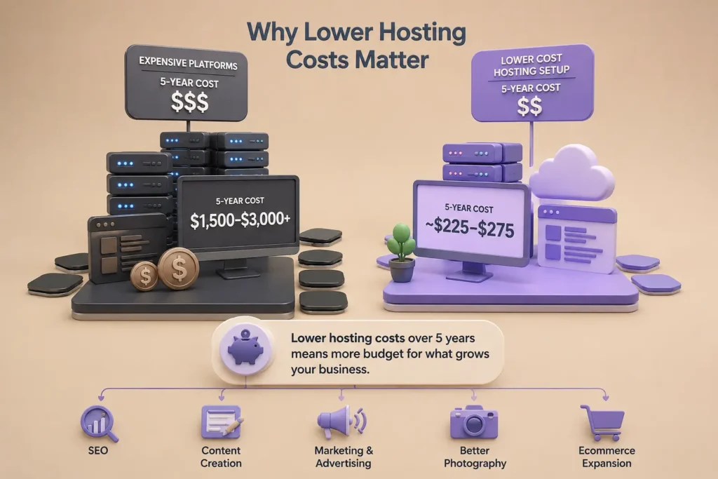 3D comparison showing expensive hosting platforms versus lower long-term website hosting costs