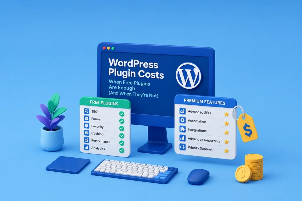 WordPress plugin costs illustration comparing free and premium plugin features for small business websites